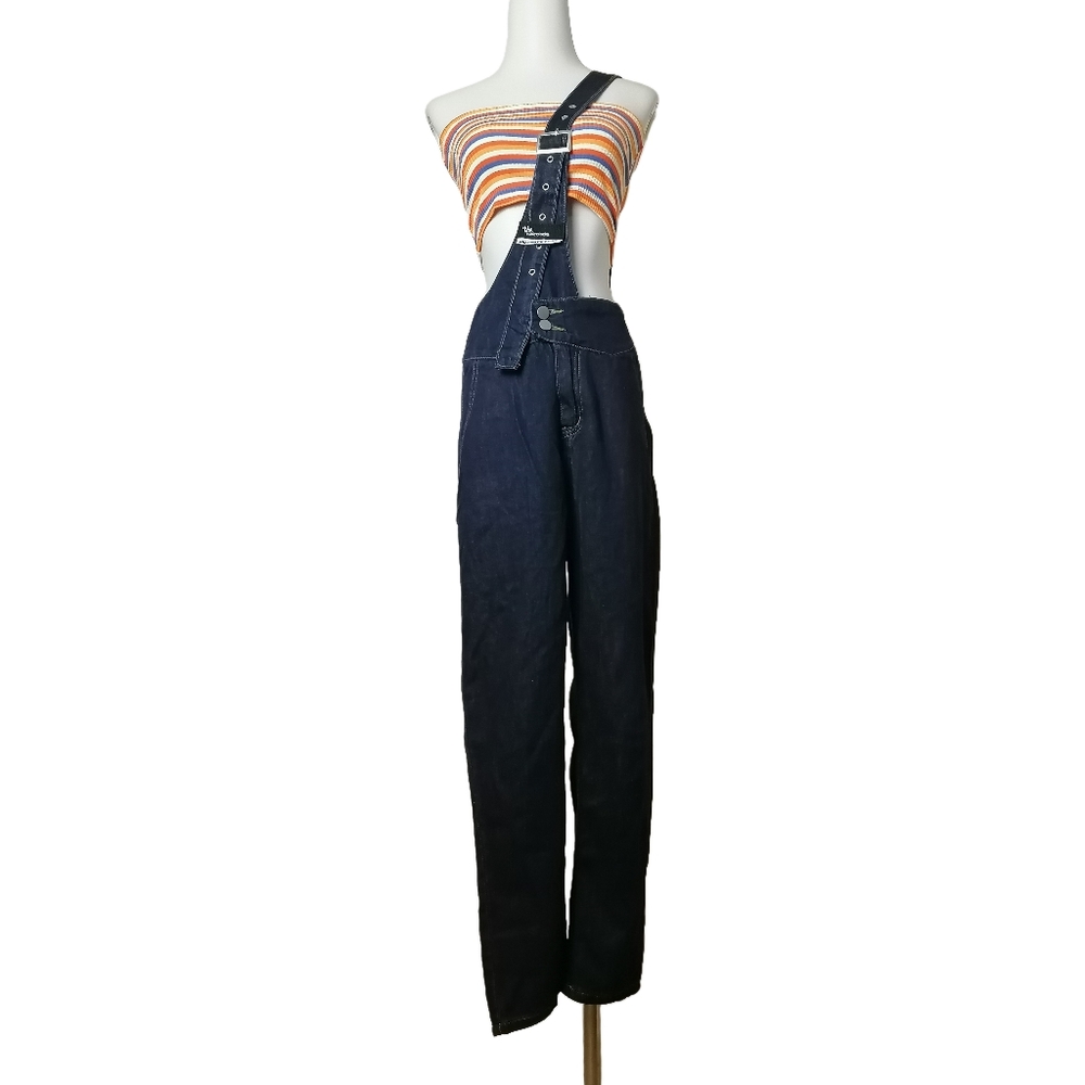 👖S, navy high waist one shoulder thin denim overalls